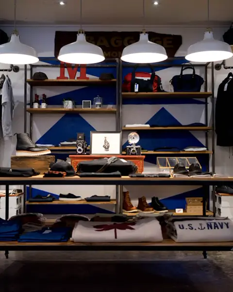 Shop interior with clothing and goods on wooden shelves